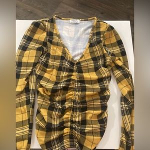 Yellow Plaid Ruched V-Neck